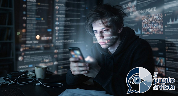 Giovane immerso in un'interfaccia di dati e social media proiettata mentre usa lo smartphone