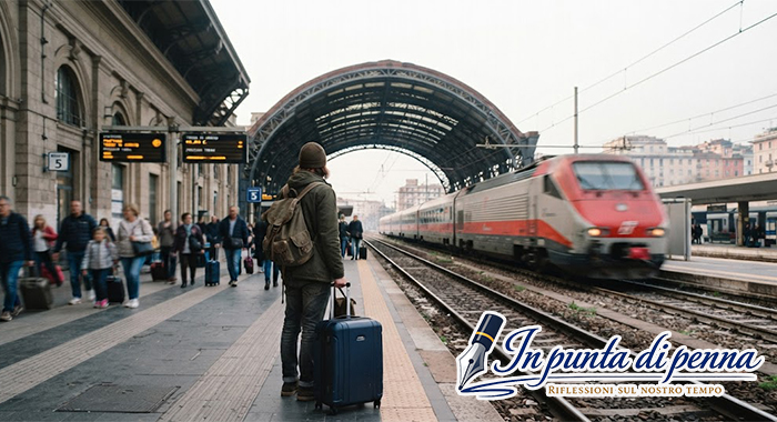 giovane con valigia alla stazione dei treni durante la partenza, simbolo di emigrazione giovanile e riflessione sul futuro